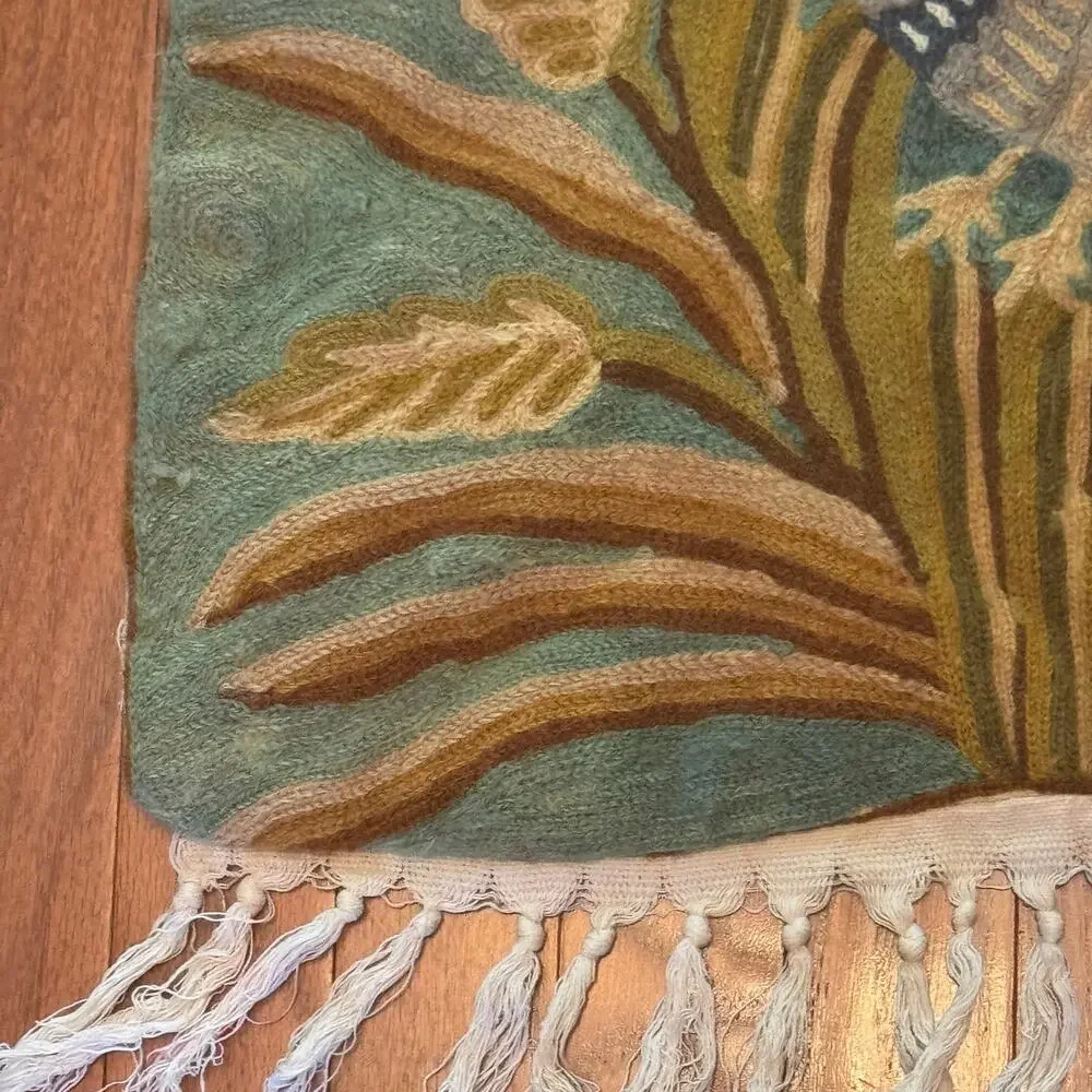 Vintage Handmade Crewel Embroidery Wildlife Bird Scene Fringed Tapestry